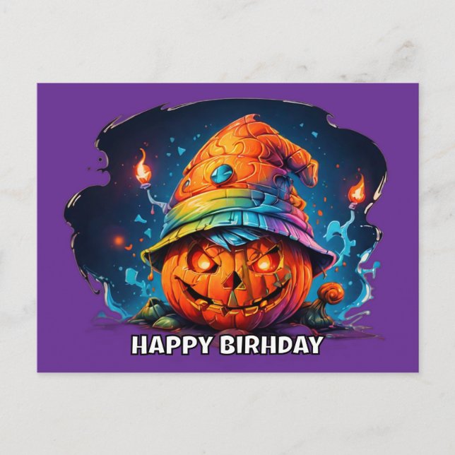 Kürbisjackolantern mit Geburtstagshut pyschedelisc Postkarte (Vorderseite)
