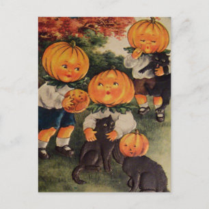 Kürbiskatze (Vintage Halloween-Karte) Postkarte