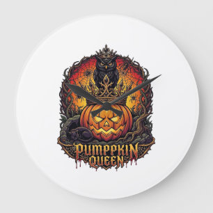 Kürbiskönigin Halloween Eule Spinne Schwarze Katze Große Wanduhr