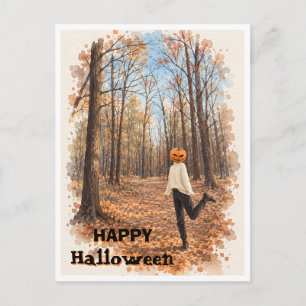 Kürbiskopf in herbstlichem Wald Aquarell-Postkarte Feiertagspostkarte