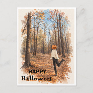 Kürbiskopf in herbstlichem Wald Aquarell-Postkarte Feiertagspostkarte