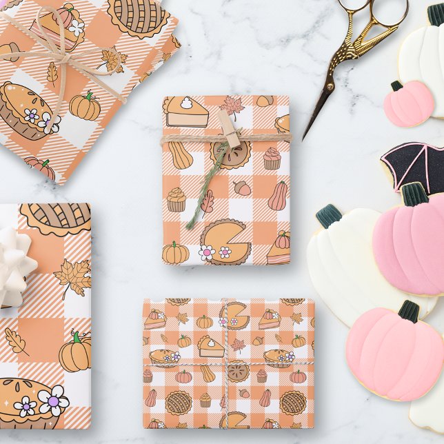 Kürbiskuchen-Gingham-Geschenkpapierbögen Geschenkpapier Set (Von Creator hochgeladen)