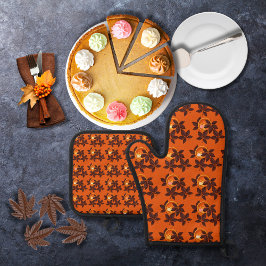 Kürbiskuchen und Blätter mit Schokolade, orange Ofenhandschuh & Topflappen-Set