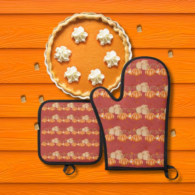 Kürbiskuchen und braune Zuckerwürfel rot Ofenhandschuh & Topflappen-Set (Von Creator hochgeladen)