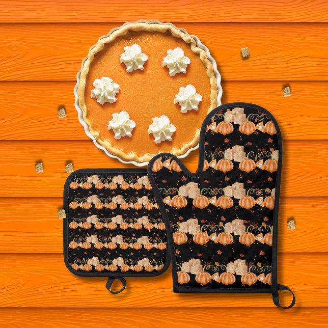 Kürbiskuchen und braune Zuckerwürfel schwarz Ofenhandschuh & Topflappen-Set (Von Creator hochgeladen)