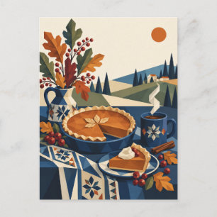 Kürbiskuchen und Herbstlaub-Folk-Art-Grußkarte Postkarte