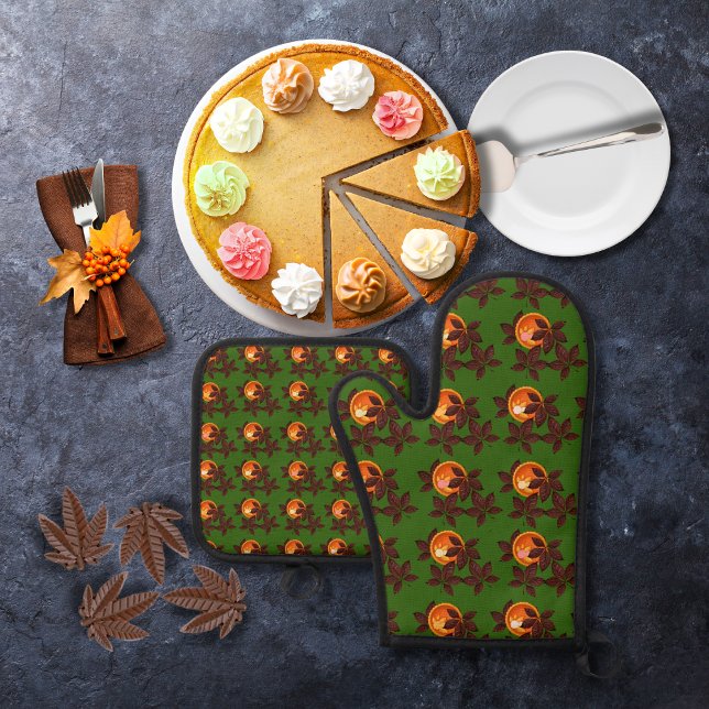 Kürbiskuchen und Schokolade Blätter grün Ofenhandschuh & Topflappen-Set (Von Creator hochgeladen)