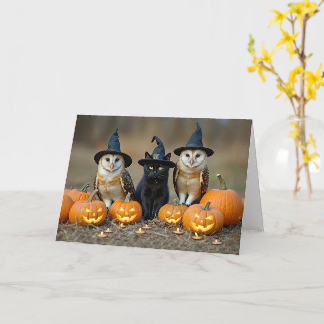 Kürbislaterne Halloween Niedlich Black Cat and Owl Karte (Gelbe Blume)