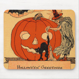 Kürbislaterne Hexe Schwarze Katze Vintage Hallowee Mousepad