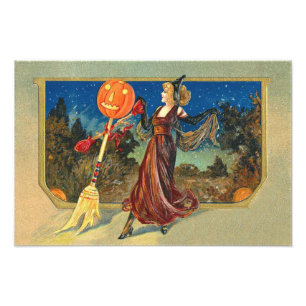 Kürbislaterne Pumpkin Broom Dance Woman Fotodruck