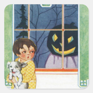 Kürbislaterne Pumpkin Ghost Girl Puppy Quadratischer Aufkleber