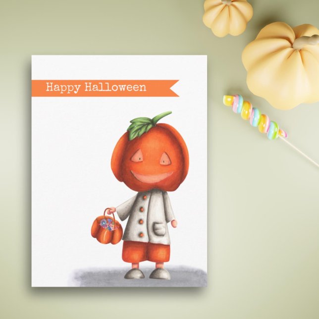 Kürbislaterne Pumpkin Head Boy Happy Halloween Postkarte (Cute Kids Jack O Lantern Pumpkin Head Halloween Postcard by Kinda Cute by Patricia Alvarez)