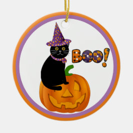 Kürbislaterne und Schwarze Katze, Halloween Keramik Ornament