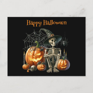 Kürbislaternen-Halloween-Postkarte mit Skelett Postkarte