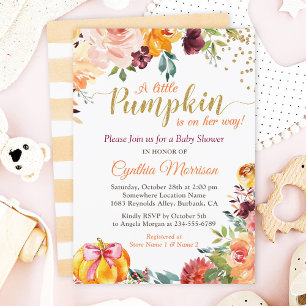 Kürbismädchen-Baby-Party Gold Herbst Floral Einladung