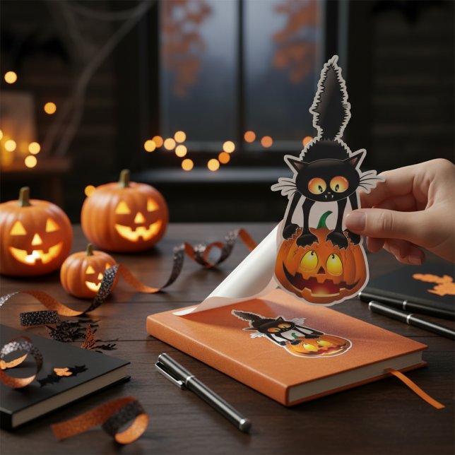 Kürbispurfektion: Halloween-Schwarze Katze Aufkleber (Pumpkin Purrfection: Halloween Black Cat Sticker)