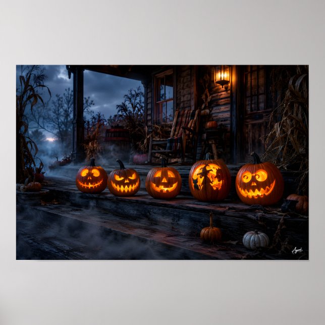 Kürbisreihe auf der Veranda Poster (Vorne)