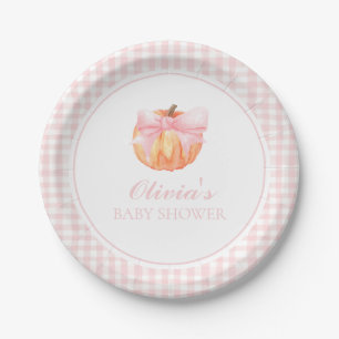 Kürbisrosa Schleife und Gingham-Baby-Party Pappteller