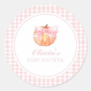 Kürbisrosa Schleife und Gingham-Baby-Party Runder Aufkleber