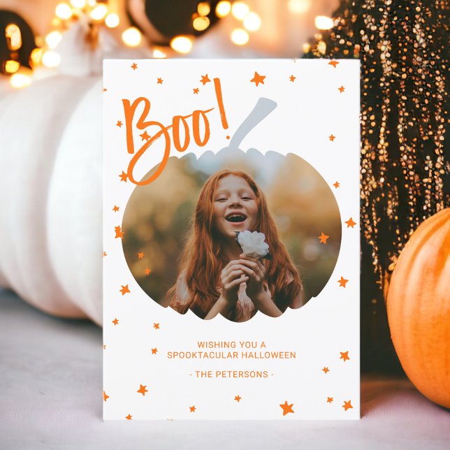 Kürbisschnitt aus Halloween-Foto Karte (Pumpkin cut out boo Halloween white orange photo Card)