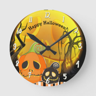 Kürbisse & Mond Whimsischer Halloween-Schriftzug n Runde Wanduhr