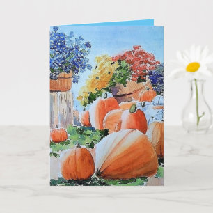 Kürbisse und Chrysanthemen Grußkarte, Herbstkunst Karte