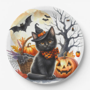 Kürbisse und schwarze Katze Halloween-Party-Papier Pappteller