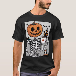 Kürbisskelett trinkt Kaffee Männer Frauen Hallowee T-Shirt