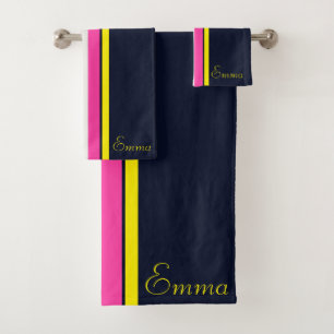 Kursiv Navy Gelb und Hot Pink Gestreift Badhandtuch Set