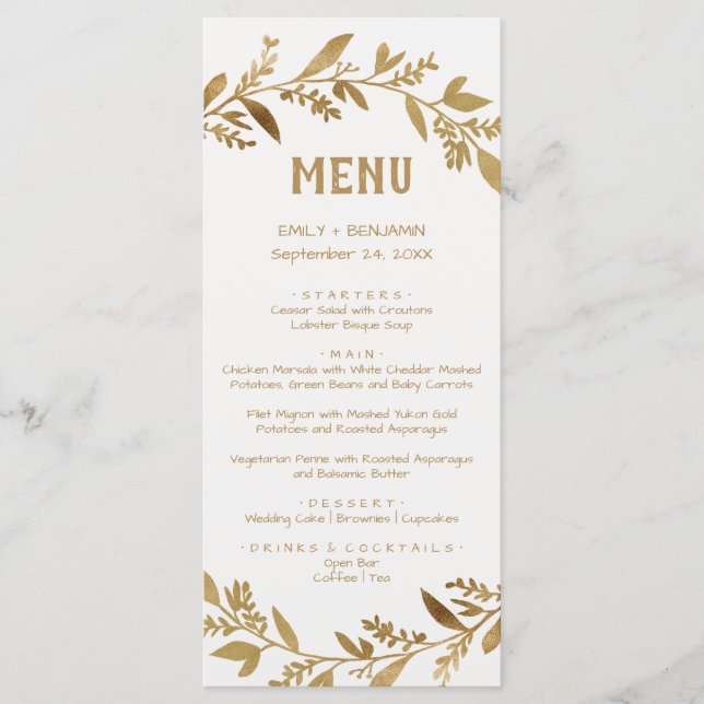 Kurve Zweige | Gold Dinner Menu Card Menükarte (Vorderseite)