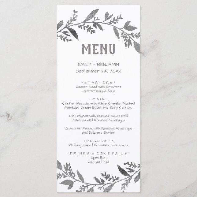 Kurve Zweige | Silver Dinner Menu Card Menükarte (Vorderseite)