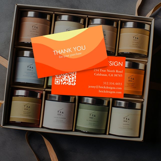 Kurven Streifen Retro Minimal Moderne Ordnung Viel Visitenkarte (Red orange yellow stripes thank you business cards with custom QR code)