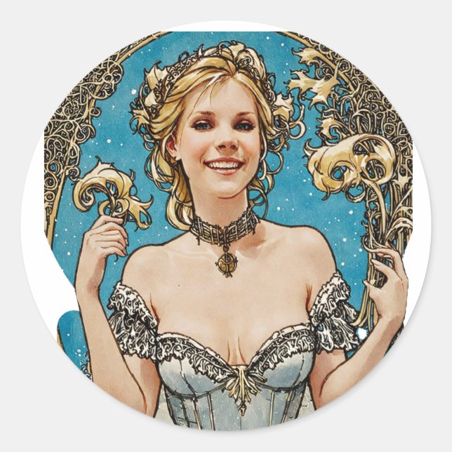 Kurze Blondine V1 Mucha Art Runder Aufkleber (Vorderseite)