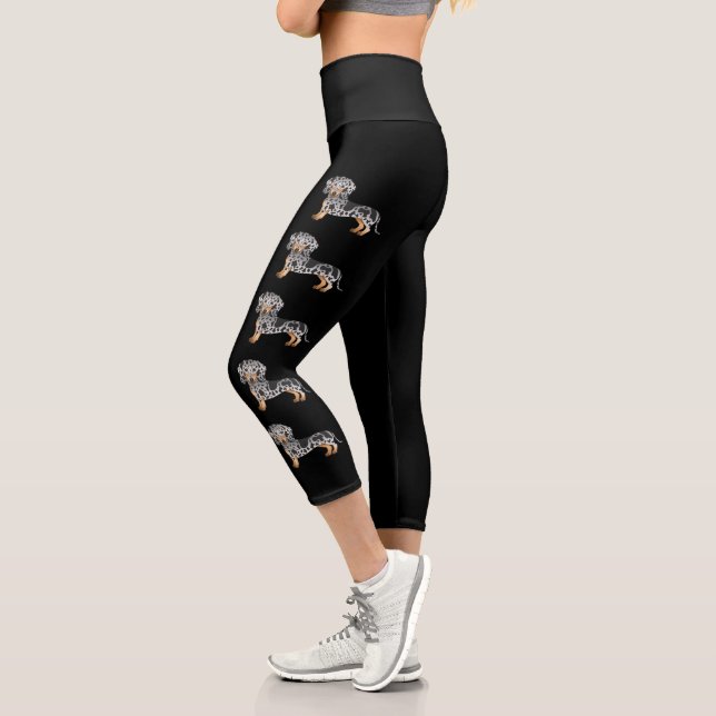 Kurze Dackel-Hunde mit Schwarz-Tan-Daple Capri Leggings (Links)