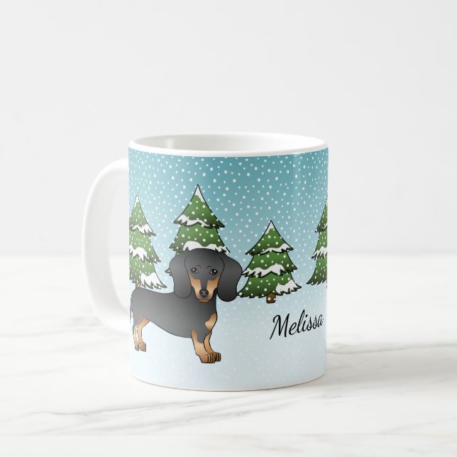 Kurze Dackel Schwarz/Tan - Winterwald Kaffeetasse (Vorderseite Links)