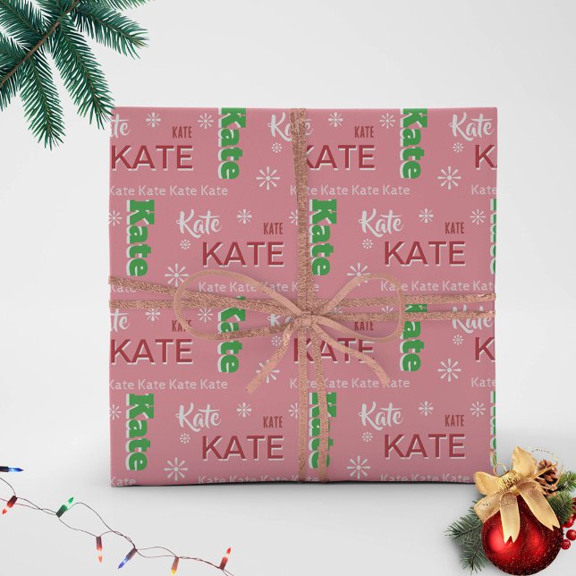 Kurzer Name Typografie Rosa Weihnachten Personalis Geschenkpapier (name personalized wrapping paper christmas green white red pink custom typography design unique)