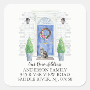 Kurzfristige katzenblaue Tür Neue Adressenaufkleb Quadratischer Aufkleber
