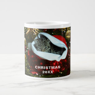Kurzhaarige Graue Katze roter Weihnachtsmann-Hut W Jumbo-Tasse