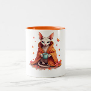 Kuschel-Sphynx-Katzenbecher - Herbstdecke & Kaffee Zweifarbige Tasse