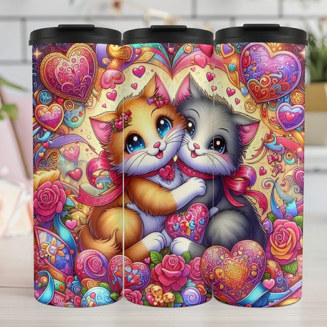 Kuschelende Kätzchen Herz Blumenmuster Thermosbecher (Von Creator hochgeladen)