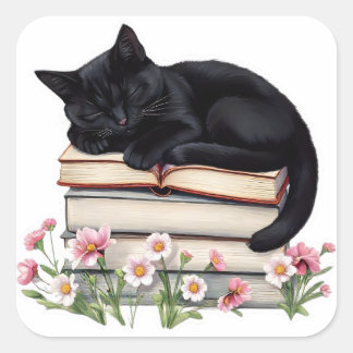 Kuschelige schwarze Katze schlafend auf Büchern Au Quadratischer Aufkleber