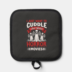 Kuscheln und Horrorfilme schauen Skelett Halloween Topflappen