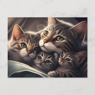 Kuschelnde Katzenfamilie - Mutterkatze und Kätzche Postkarte