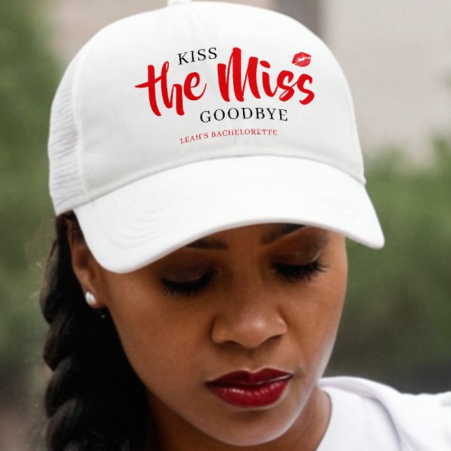 Küss die Miss Goodbye Junggesellinnen-Abschiedspar Truckerkappe (Kiss the Miss Goodbye Red Lip Bachelorette Party Trucker Hat
)