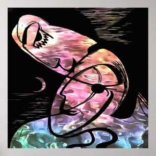 Kuss durch Mondlicht und Abstrakte Kunst im Ozean Poster