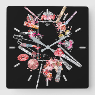 Kuss-Lippenschwarz-Rosa-Rosen-Goldmake-upschönheit Quadratische Wanduhr