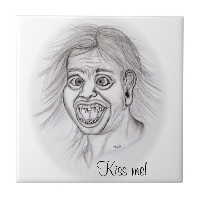 Küss mich! Stift gezeichnet Schwarzweißdesign Fliese (Vorderseite)