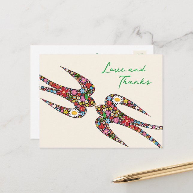 Küssen Schwalben Frühlingsblumen Hochzeit Danke Postkarte (Vorderseite/Rückseite Beispiel)