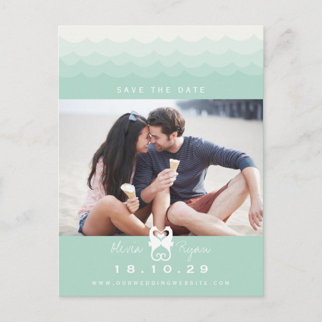 Küssen Seepferde Liebe Hearts Beach Save the Date Ankündigungspostkarte (Vorderseite)