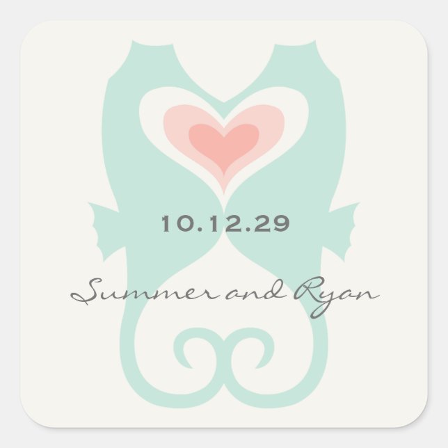 Küssen Seepferde Liebe Hearts Beach Summer Wedding Quadratischer Aufkleber (Vorderseite)